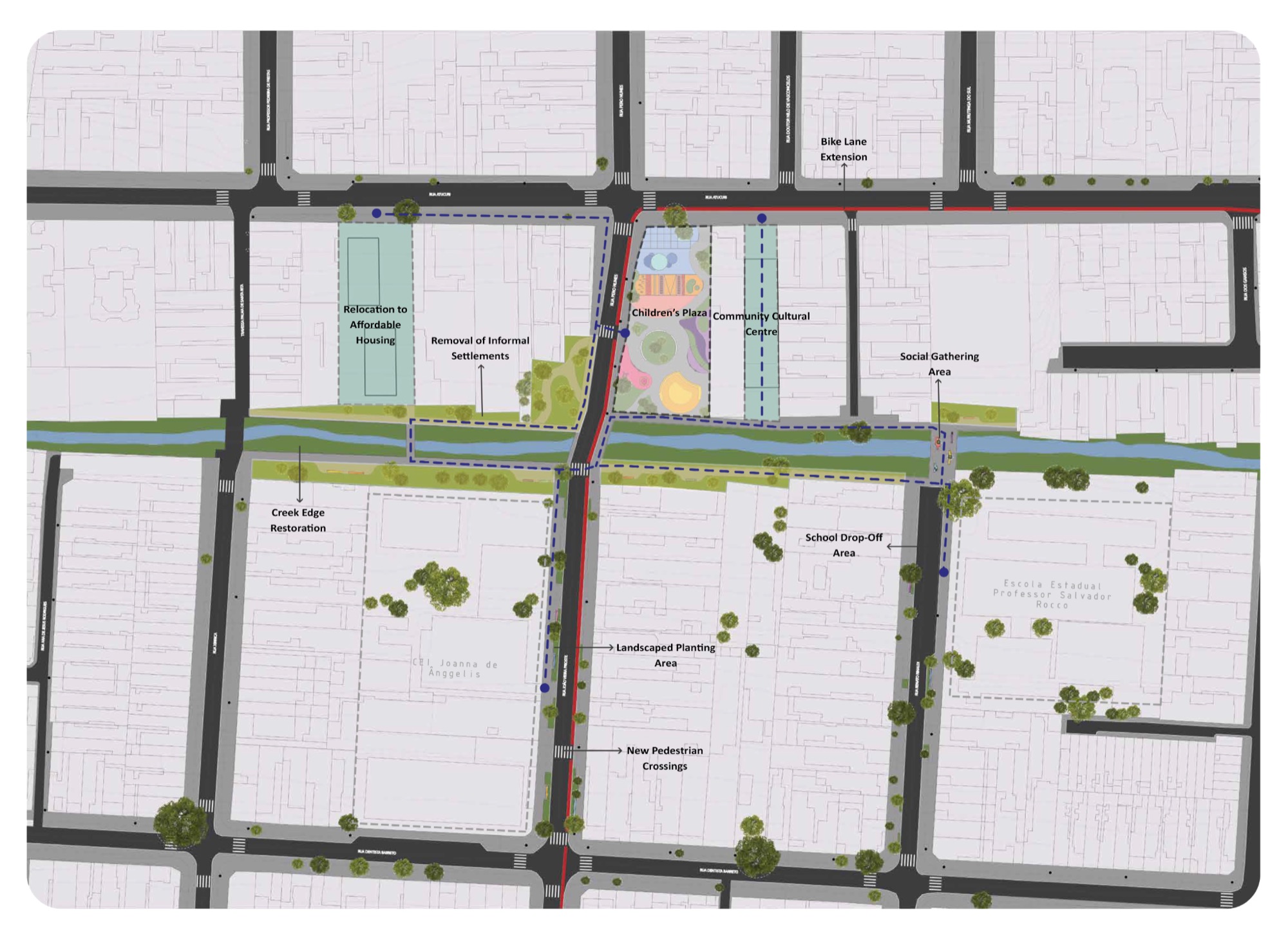 Focus-area plan showing the selected intervention along the Rapadura Creek corridor