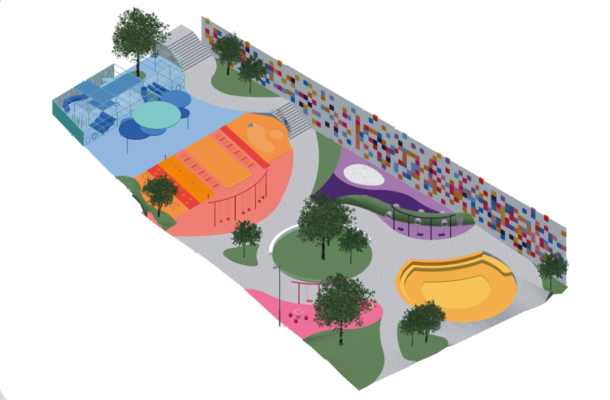 Isometric view of the Children's Plaza, color-coded by program area